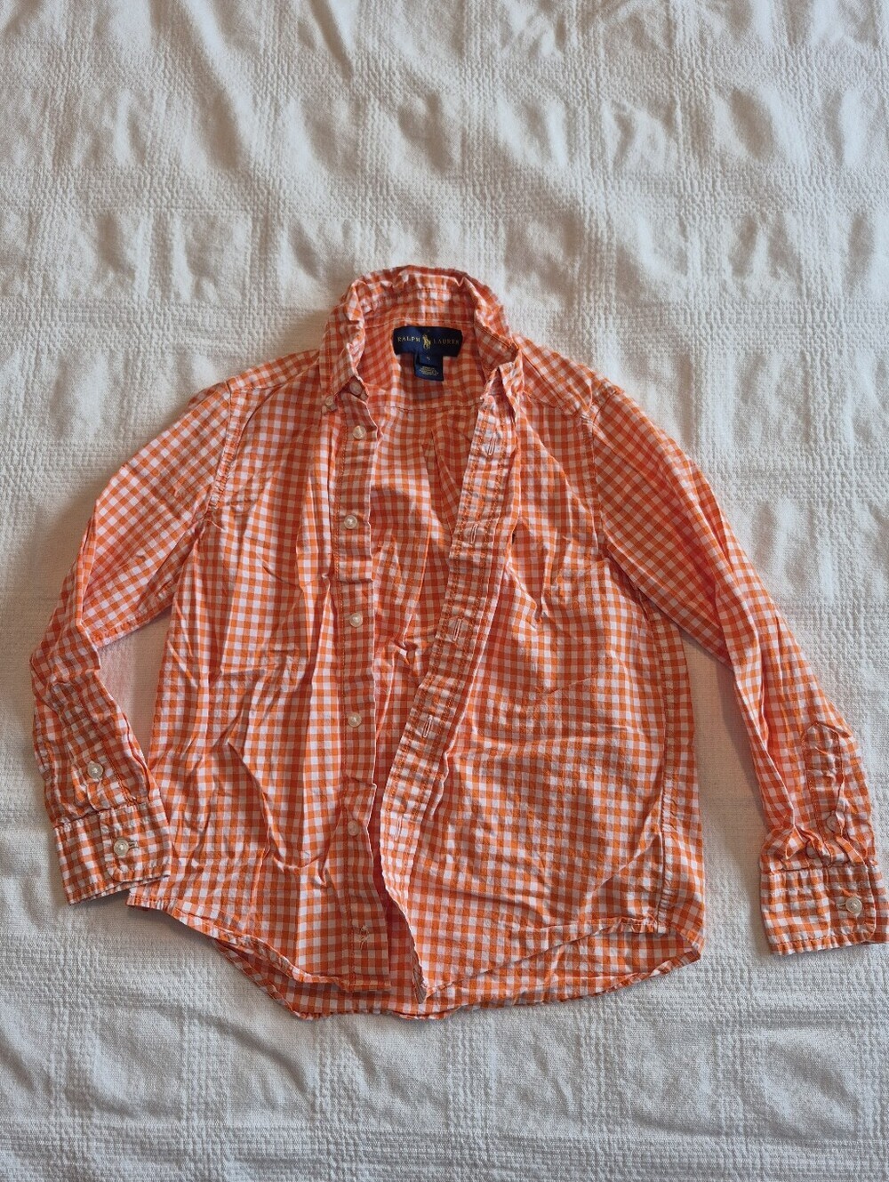 Ralph Lauren boys size 5 orange and white gingham long sleeve shirt EUC